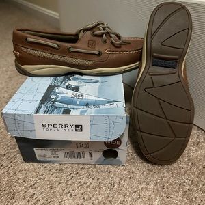 Sperry, 6.5w, dark tan, never worn, still in box